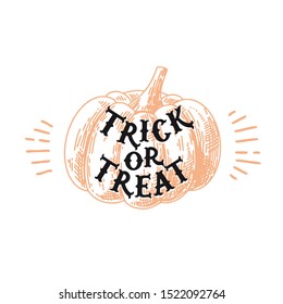 Engraved vintage drawing Halloween with woodcut print style illustration isolated on white background. Filigree design of decorative print. Lettering Trick or treat, pumpkin