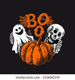 Dibujo vintage grabado Halloween con ilustración de estilo de impresión en madera aislada en fondo negro. Diseño de carteles decorativos, pancartas, impresos. Dejar a Boo, fantasma, espíritu, cráneo, calabaza