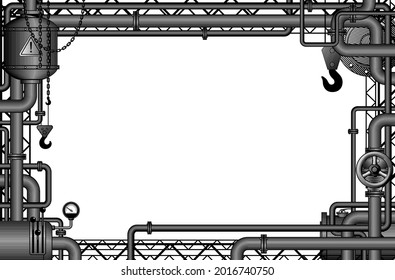 Engraved vintage drawing of industrial frame with gears, levers, pipes, flue and lifting crane. Symbol and metaphor of technology and industry. Vector 
illustration