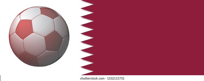 Engraved vintage drawing soccer football on Qatar flag background with blank space for text