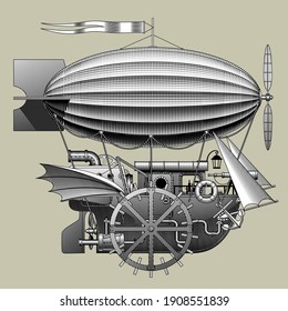 Engraved vintage drawing of a Steampunk complex fantastic flying ship. Retro technology concept. Vector illustration