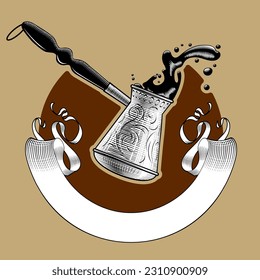 Engraved vintage drawing of Turkish coffee pot with splash of hot coffee and ribbon banner on brown background. Cafe menu logo or symbol. Vector illustration