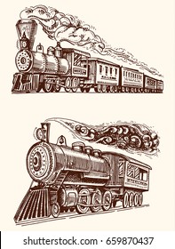 engraved vintage, hand drawn, old locomotive or train with steam on american railway. retro transport.