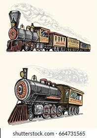 engraved vintage, hand drawn, old locomotive or train with steam on american railway. retro transport.