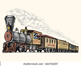 engraved vintage, hand drawn, old locomotive or train with steam on american railway. retro transport.