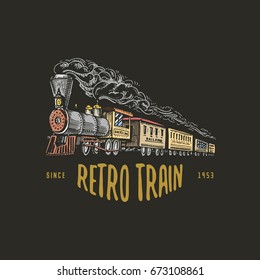 engraved vintage, hand drawn, old locomotive or train with steam on american railway. retro transport.