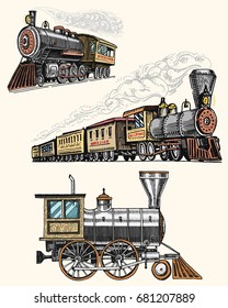 engraved vintage, hand drawn, old locomotive or train with steam on american railway. retro transport.