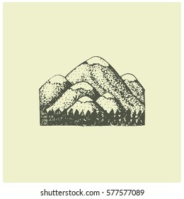 engraved vintage logo with mountains in hand drawn, sketch style, old looking retro badge for national parks and camping, alpine and hiking theme.