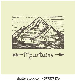 engraved vintage logo with mountains in hand drawn, sketch style, old looking retro badge for national parks and camping, alpine and hiking theme.