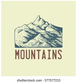 engraved vintage logo with mountains in hand drawn, sketch style, old looking retro badge for national parks and camping, alpine and hiking theme.
