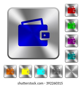 Engraved wallet icons on rounded square steel buttons