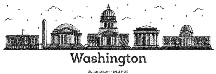 Engraved Washington DC USA City Skyline with Modern Buildings Isolated on White. Vector Illustration. Washington DC Cityscape with Landmarks.