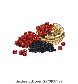 Engraved watercolor illustration of red and black caviar with lemon in tartlets. Hand drawn delicacy seafood appetizer. Salmon and tuna caviar. Vector isolated background.