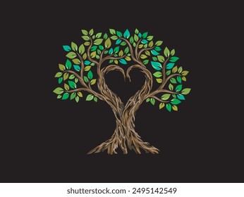 engraved  wood tree, an old tree that forms a symbol of love, isolated on black background.