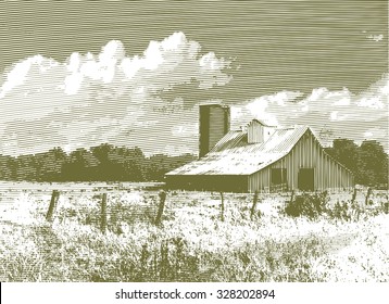 Engraved-style illustration of a barn landscape scene.