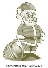 Engraved-style illustration of a cartoon Santa Claus.