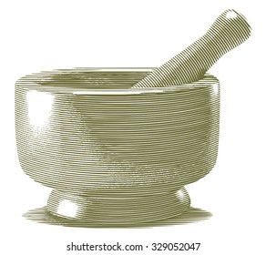 Engraved-style illustration of a Mortar and Pestle