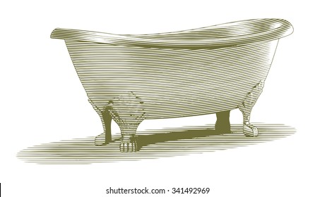 Engraved-style illustration of an old bathtub.