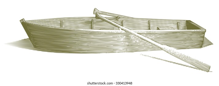 Engraved-style Illustration Of A Wooden Row Boat With Oars.