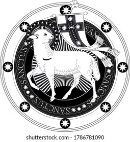 engraving of the 18th-19th centuries  a lamb of God with a resurrected flag