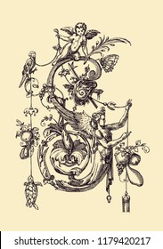 Engraving of 19th century monograms with plant and animal elements