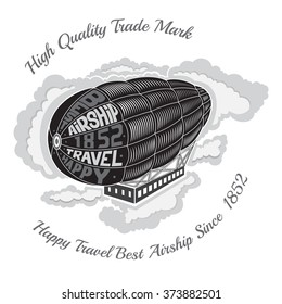 engraving airship into clouds with text happy travel best airship on face 