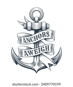 Engraving anchor with banner. Monochrome ship armature entwined with ribbon wording anchor aweigh tattoo style isolated vector illustration