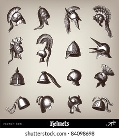 Engraving ancient Helmets set from "The Complete encyclopedia of illustrations" containing the original illustrations of The iconographic encyclopedia of science, literature and art, 1851.