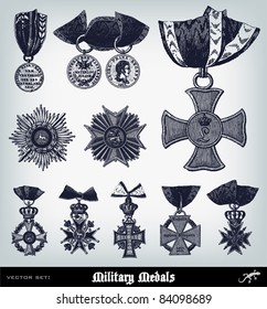 Engraving ancient Military Medals set from "The Complete encyclopedia of illustrations" containing the original illustrations of The iconographic encyclopedia of science, literature and art, 1851.