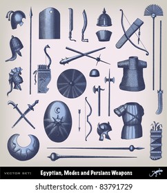 Engraving ancient weapon set from "The Complete encyclopedia of illustrations" containing the original illustrations of The iconographic encyclopedia of science, literature and art, 1851.