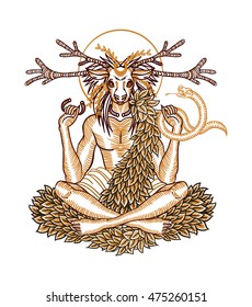 Engraving art of a wicca Horned God Cernunnos with deer head holding snake and wearing torc. Symbolic illustration of deity for t-shirt print.
