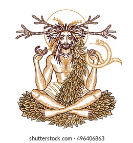 Engraving art of a wicca Horned God Cernunnos holding snake and wearing torc. Symbolic illustration of deity for t-shirt print.