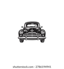 Engraving of a Automobile Front View Black and White Vector Illustration.