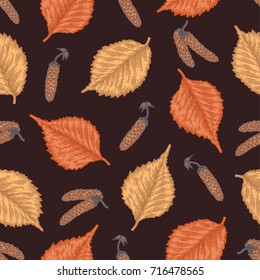 Engraving autumn birch seamless pattern. Detailed vector background of hand drawn birch leaves and seeds. Vintage seasonal decor.