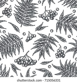 Engraving autumn rowanberry seamless pattern. Detailed vector background of hand drawn berries and leaves. Vintage seasonal decor.
