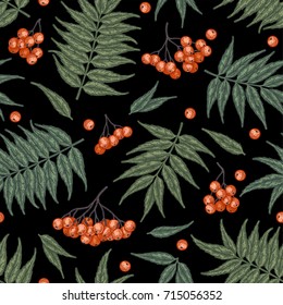 Engraving autumn rowanberry seamless pattern. Detailed vector background of hand drawn red and orange berries and leaves. Vintage seasonal decor.