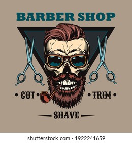 Engraving badge bearded skull smoking pipe vector illustration. Colorful label with male skull in sunglasses for barbershop. Fashion and elegant style concept can be used for retro template