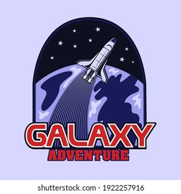 Engraving badge with launch of rocket vector illustration. Colored emblem with shuttle flying around Earth. Universe and galaxy adventure concept can be used for retro template