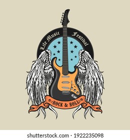 Insignia de grabado con ilustración vectorial de guitarra alada. Emblema de color para concierto en vivo con alas de guitarra y ángel. El festival de música rock y el concepto de entretenimiento pueden utilizarse para plantillas retro