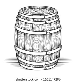 Engraving barrel. Black engraved vintage barrel with wood texture, oak old style cask vector illustration