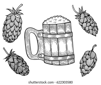 engraving beer mug and hops. Vector illustration, isolated on white