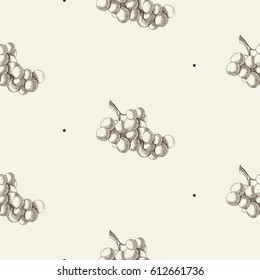 Engraving berry monochrome seamless pattern with bunch of grapes in sketch style on gray background vector illustration