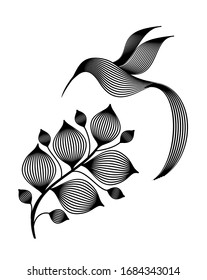Engraving of bird and flower on a white background. Hand drawing vector illustration. Design for vintage packaging.