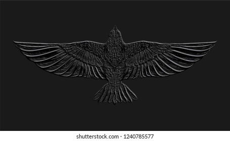 Engraving bird on the dark background. Nature pattern. Isolate illustration.