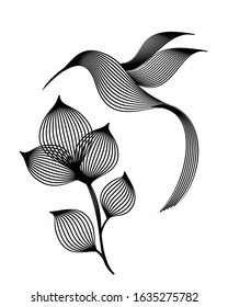 Engraving of bird and plant on a white background. Hand drawing vector illustration. Design for vintage packaging.