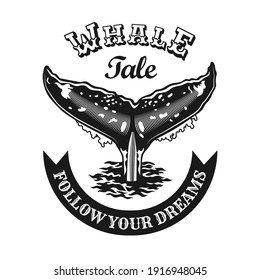 Engraving black emblem with whale tail. Monochrome design elements with whale tail and text. Underwater animals or wildlife concept for travel agency stamp, label, sign template