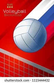 Engraving blue volleyball on the net and shadow line  illustration with red blue white color stripe in Russia theme on red dynamic background