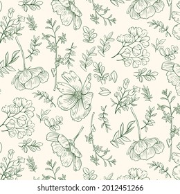 Engraving botanical pattern. Herbal botany pattern. Nature leaf. Engraved outline blossom. Flora wallpaper. Forest herb decorative composition, ornament. Eco floral artwork. Vector illustration.  