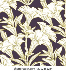 Patrón botánico de grabado. Patrón botánico herbal. Hoja natural. Florecimiento del contorno grabado. Papel pintado de flores. Composición decorativa de hierbas forestales, ornamento. Obra de arte de flores ecológicas. Ilustración vectorial.  
