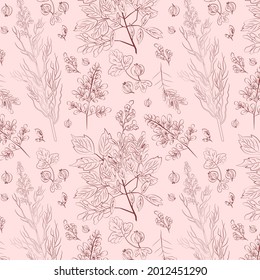 Gravur botanisches Muster. Kräuterbotanik-Muster. Naturblatt. Gravierte Rahmenblüte. Tapete aus Flora. Waldkräuterdekoration, Ornament. Eco-Blumenkunst. Vektorgrafik.  